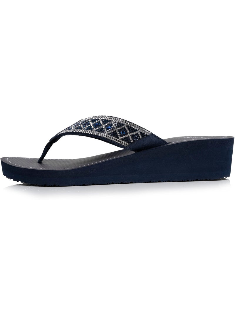 Tongs semelle synthétique, tige en perles, talon compensé 4 cm  Isotoner Bleu marine - Kiabi