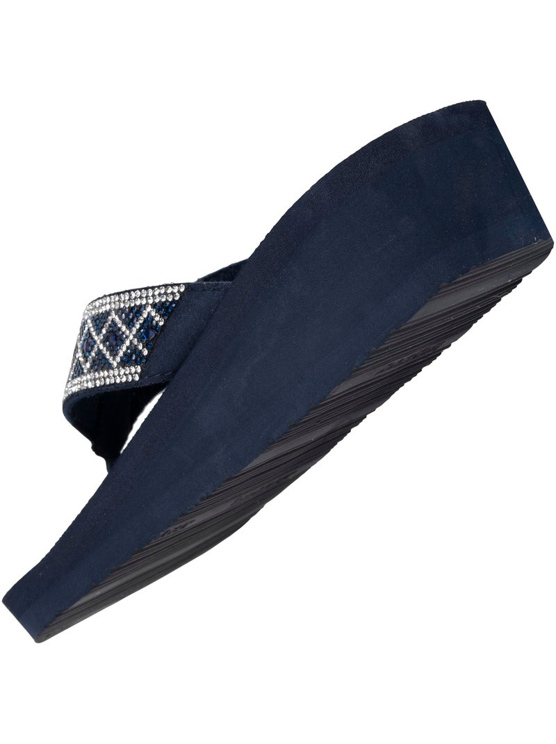 Tongs semelle synthétique, tige en perles, talon compensé 4 cm  Isotoner Bleu marine - Kiabi