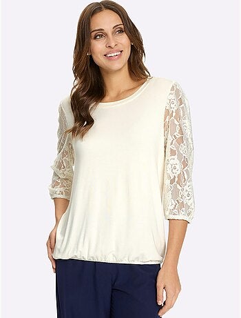Top à manches trois quarts en dentelle et col rond fluide - Taille standard - Witt