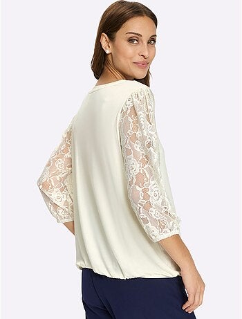 Top à manches trois quarts en dentelle et col rond fluide - Taille standard - Witt