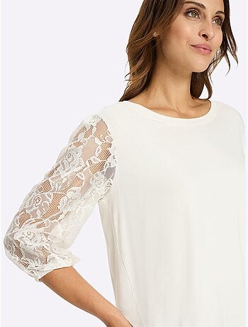 Top à manches trois quarts en dentelle et col rond fluide - Taille standard - Witt
