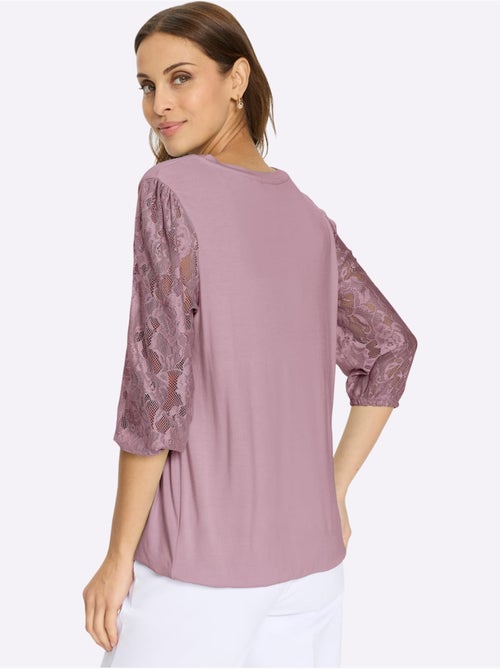 Top à manches trois quarts en dentelle et col rond fluide - Taille standard - Witt - Kiabi