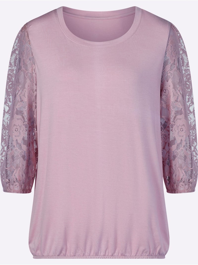Top à manches trois quarts en dentelle et col rond fluide - Taille standard - Witt Rose - Kiabi