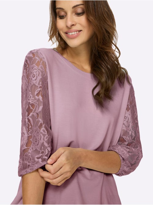 Top à manches trois quarts en dentelle et col rond fluide - Taille standard - Witt - Kiabi