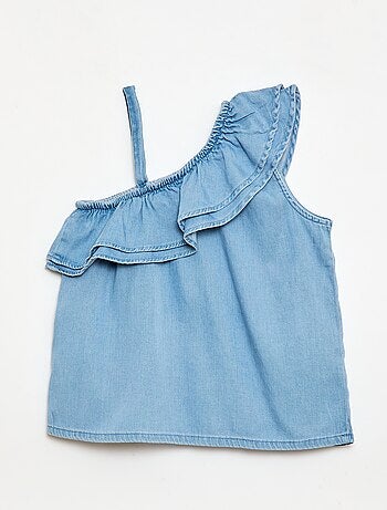 Top asymétrique à bretelles et col à volants