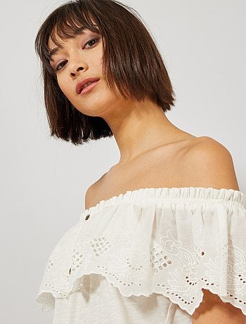 Top bardot à broderie anglaise - Kiabi
