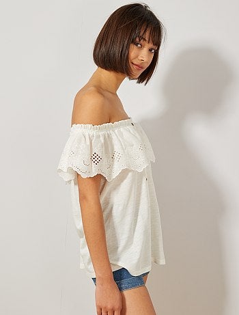 Top bardot à broderie anglaise - Kiabi
