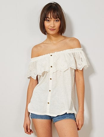 Top bardot à broderie anglaise - Kiabi