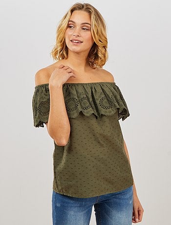 Top bardot à broderie anglaise - Kiabi