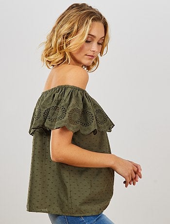 Top bardot à broderie anglaise - Kiabi