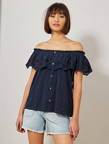 Top bardot à broderie anglaise - Kiabi