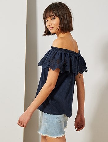 Top bardot à broderie anglaise - Kiabi