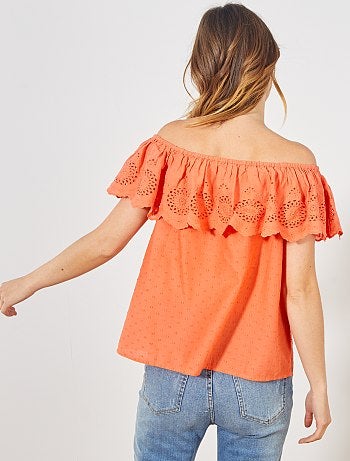 Top bardot à broderie anglaise - Kiabi