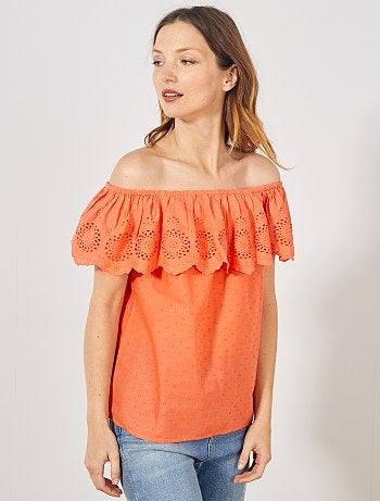Top bardot à broderie anglaise - Kiabi
