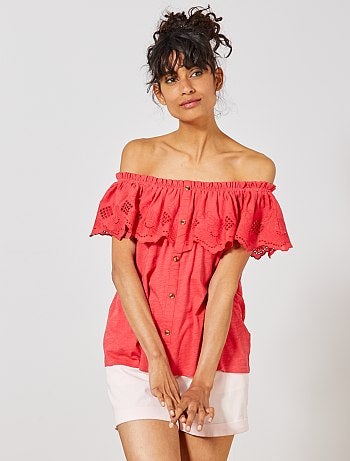Top bardot à broderie anglaise - Kiabi