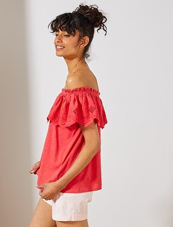 Top bardot à broderie anglaise - Kiabi