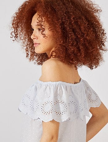 Top bardot plumetis et broderie anglaise - Kiabi