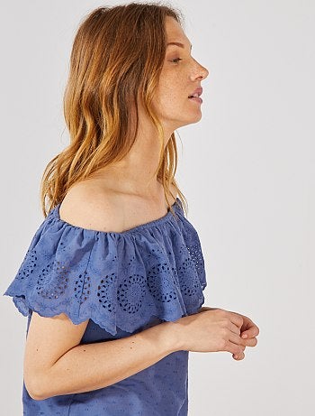 Top bardot plumetis et broderie anglaise - Kiabi