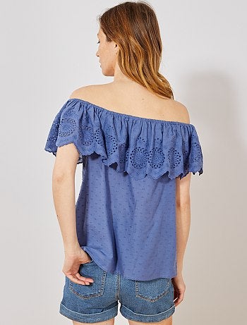 Top bardot plumetis et broderie anglaise - Kiabi