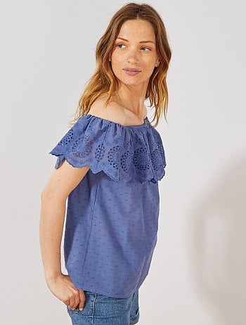Top bardot plumetis et broderie anglaise - Kiabi