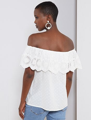 Top bardot plumetis et broderie anglaise - Kiabi