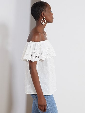 Top bardot plumetis et broderie anglaise - Kiabi