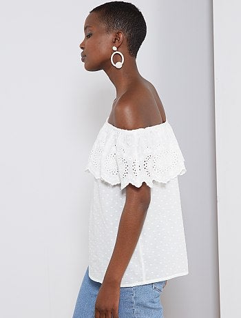 Top bardot plumetis et broderie anglaise - Kiabi