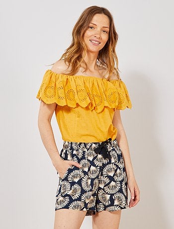Top bardot plumetis et broderie anglaise - Kiabi