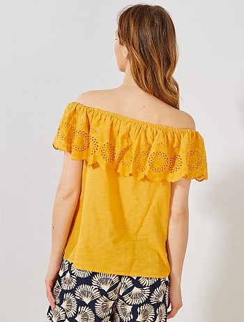 Top bardot plumetis et broderie anglaise - Kiabi