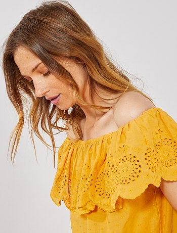Top bardot plumetis et broderie anglaise - Kiabi