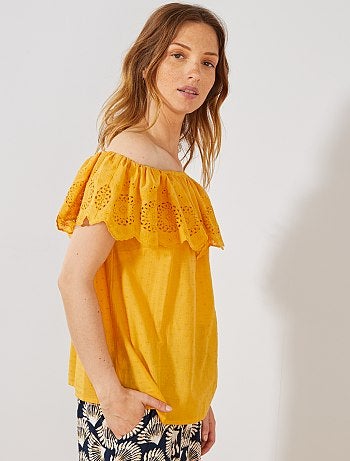 Top bardot plumetis et broderie anglaise - Kiabi