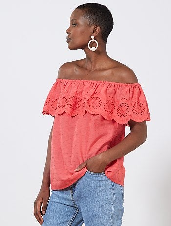 Top bardot plumetis et broderie anglaise - Kiabi