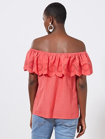 Top bardot plumetis et broderie anglaise - Kiabi