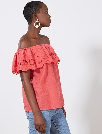 Top bardot plumetis et broderie anglaise - Kiabi