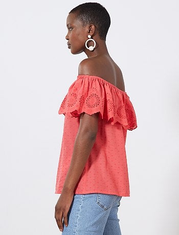 Top bardot plumetis et broderie anglaise - Kiabi