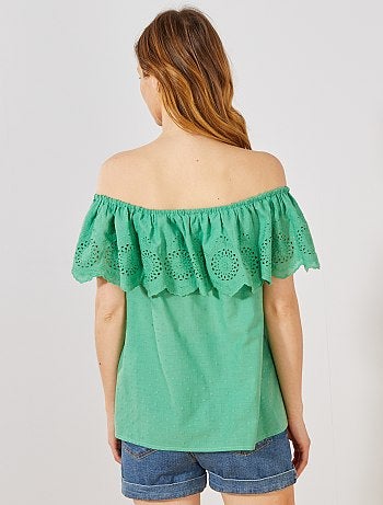 Top bardot plumetis et broderie anglaise - Kiabi