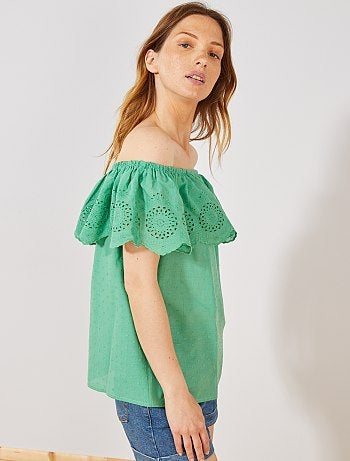 Top bardot plumetis et broderie anglaise - Kiabi