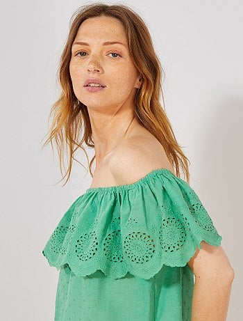 Top bardot plumetis et broderie anglaise - Kiabi