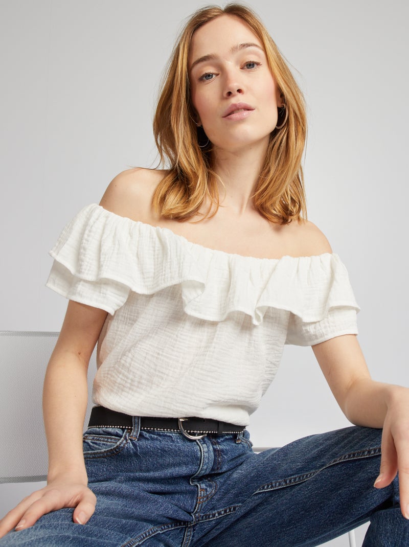 Top col bardot en gaze de coton blanc - Kiabi