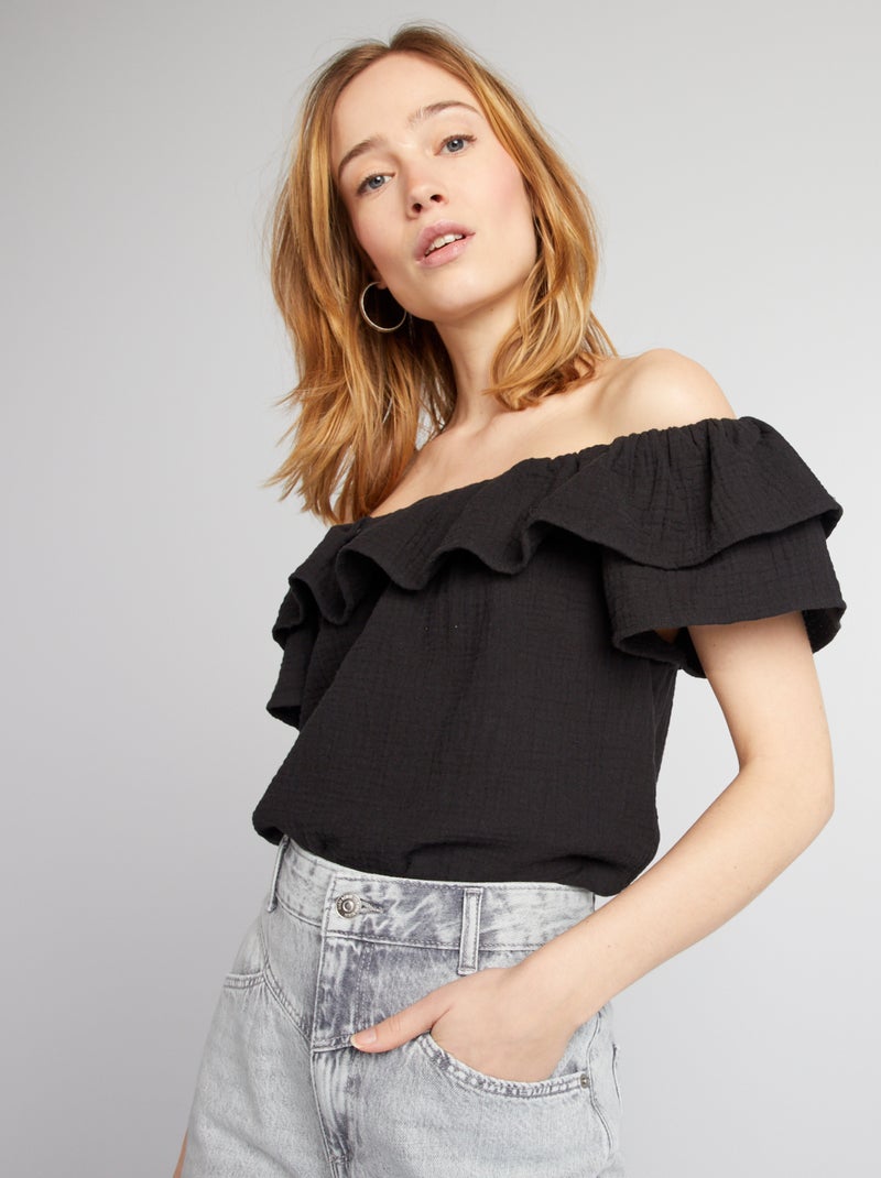 Top col bardot en gaze de coton noir - Kiabi