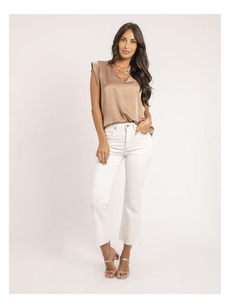 Top col V satin FIKA Beige - Kiabi
