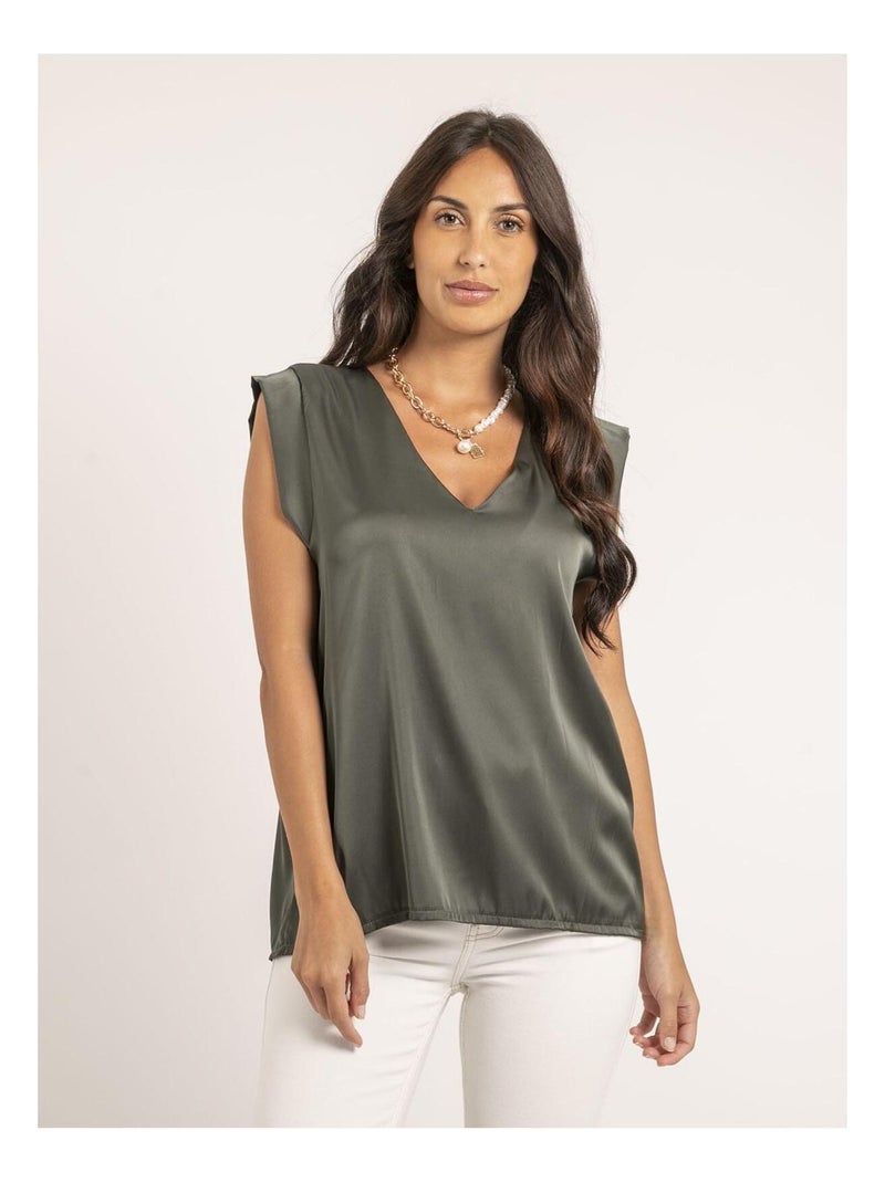 Top col V satin FIKA Kaki - Kiabi