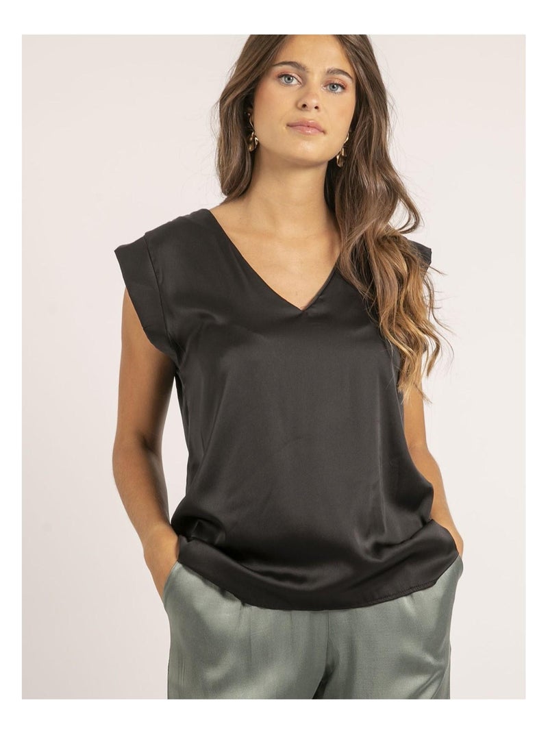 Top col V satin FIKA Noir - Kiabi