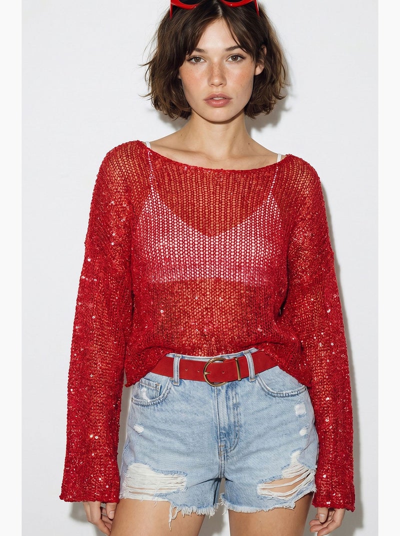 Top court ample en maille à sequins lucci Rouge - Kiabi