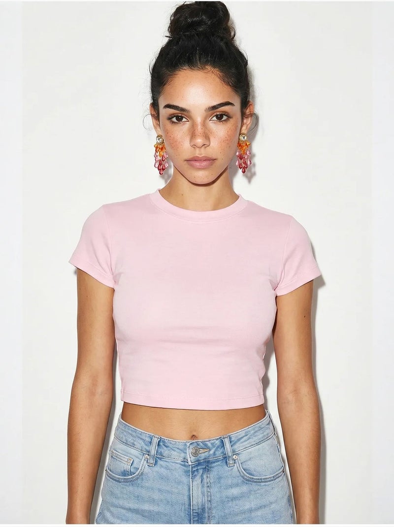 Top court femme en coton et lycra, coupe slim lucci Rose clair - Kiabi