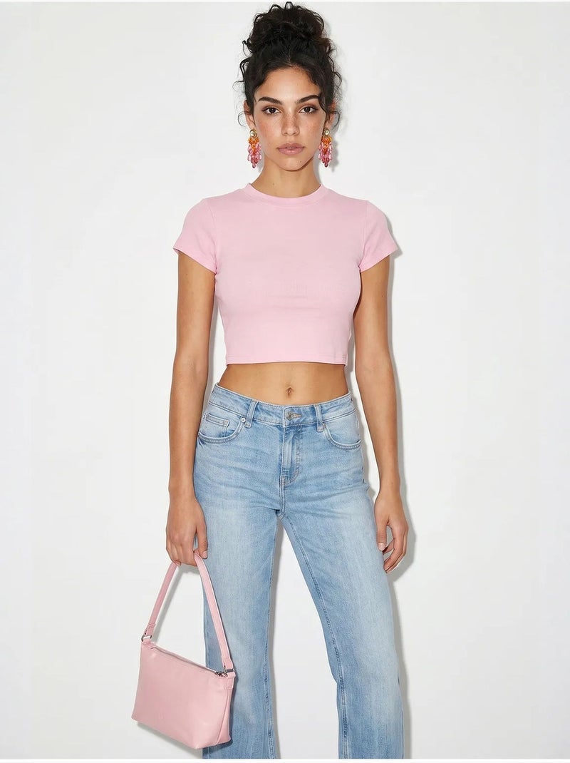 Top court femme en coton et lycra, coupe slim lucci Rose clair - Kiabi