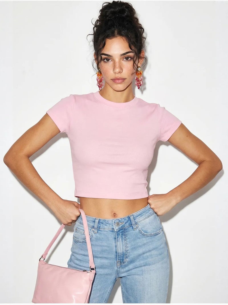 Top court femme en coton et lycra, coupe slim lucci Rose clair - Kiabi