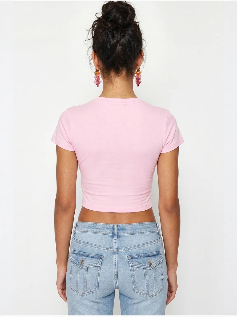 Top court femme en coton et lycra, coupe slim lucci Rose clair - Kiabi