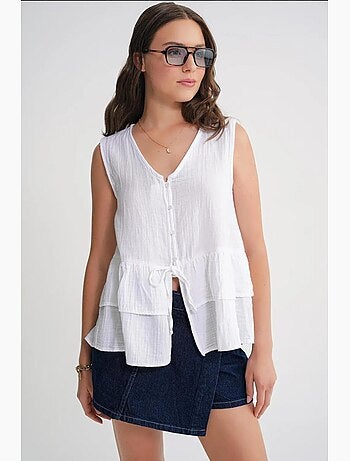 Top en coton mélangé à col v et boutons mixray