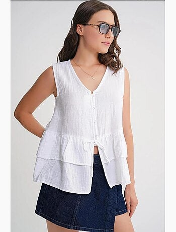 Top en coton mélangé à col v et boutons mixray